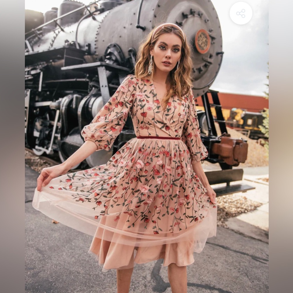 JessaKae Floral Embroidery and Tulle Midi Dress